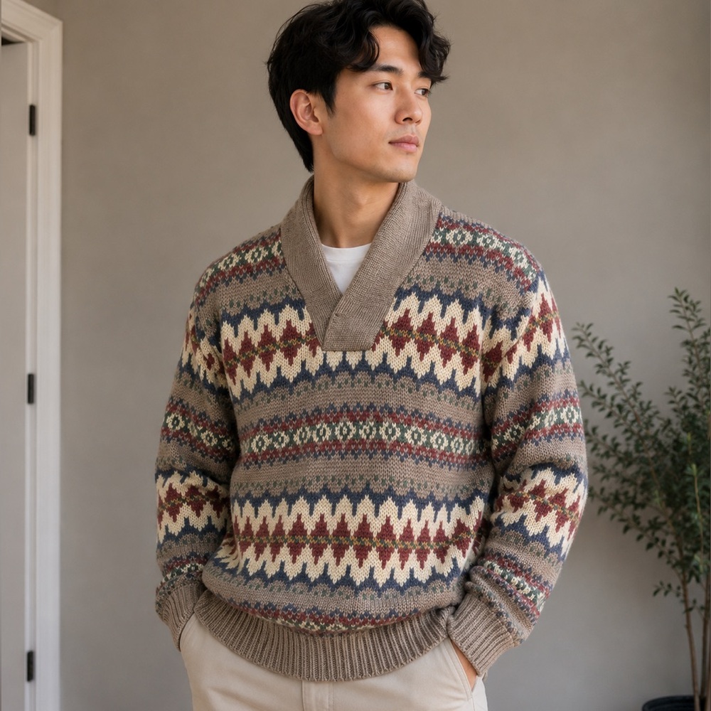Vintage Boston Traders Shawl Collar Fair Isle Wool Pullover Knit Sweater - L